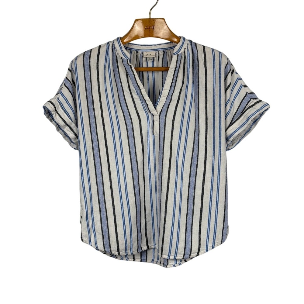 A New Day Linen Blend Striped Blouse Womens L Blue White Split Neck Short Sleeve